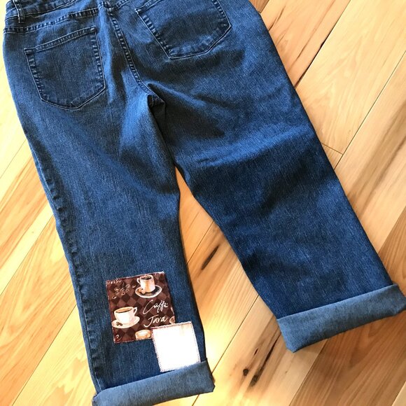 Upcycled Coldwater Creek Cropped Jeans, Coffee Books Theme Capris, Size 10 - Picture 4 of 10